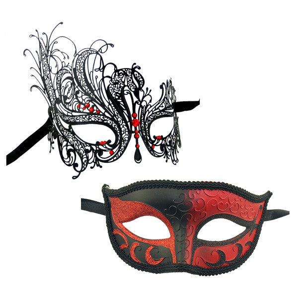 SWAN Masquerade Mask Set Black Red Stones